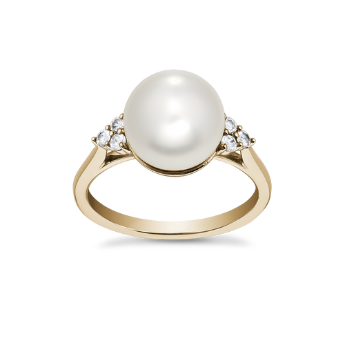 Sophisticated cathedral-style ring in 18K yellow gold, featuring a large South Sea pearl (9-9.5mm) framed by six diamonds totaling 0.15tcw, embodying timeless beauty, handcrafted by Ex Aurum in Montreal.