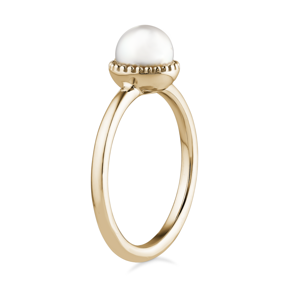 Elegant pearl promise ring in 14K yellow gold, featuring a 6-6.5mm round white pearl set in a textured milgrain frame, symbolizing tradition and history, handcrafted by Ex Aurum in Montreal.