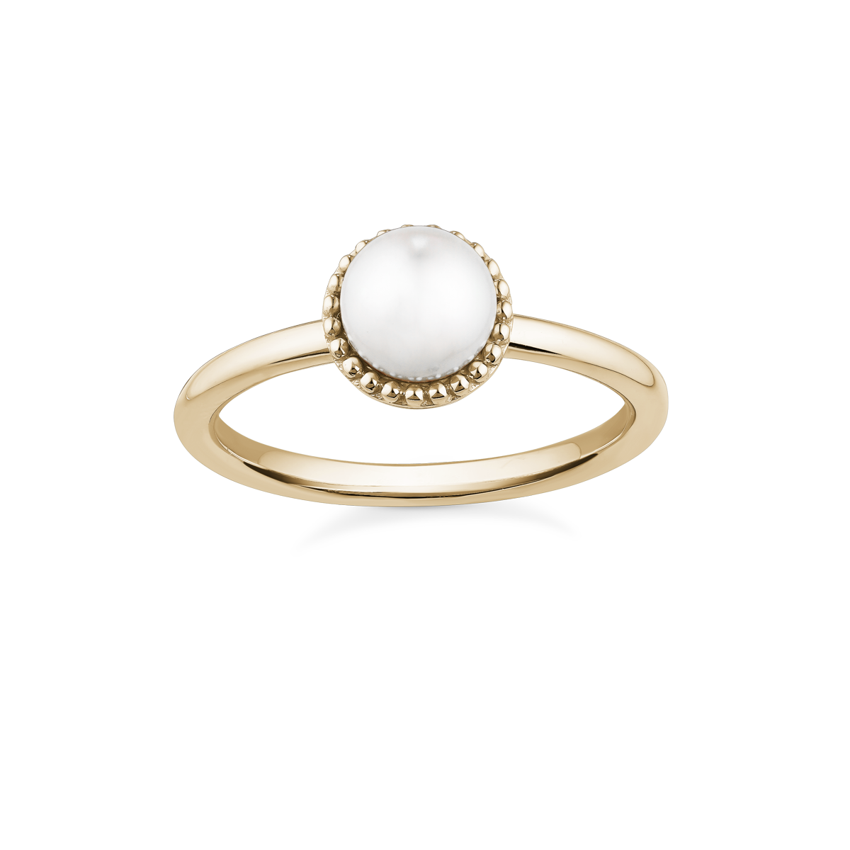 Elegant pearl promise ring in 14K yellow gold, featuring a 6-6.5mm round white pearl set in a textured milgrain frame, symbolizing tradition and history, handcrafted by Ex Aurum in Montreal.