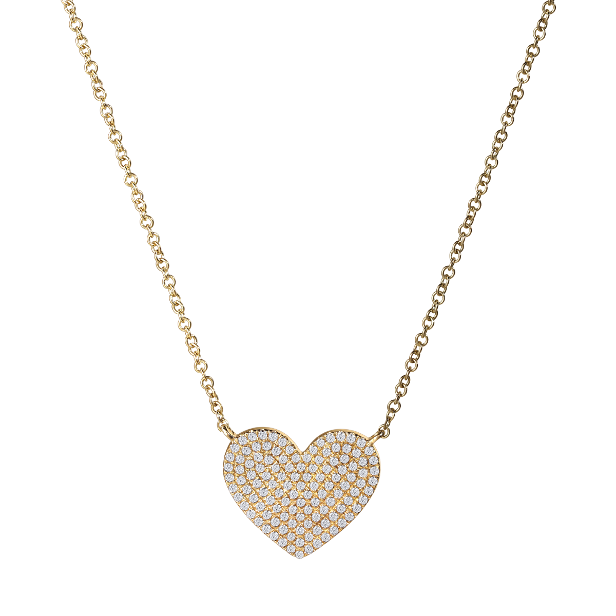 A flat large diamond pave pendant on a gold chain.