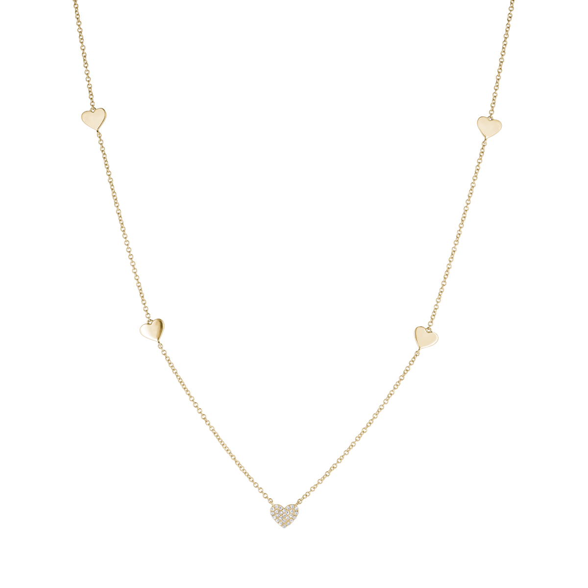 Five diamond hearts on a fine gold chain necklace.