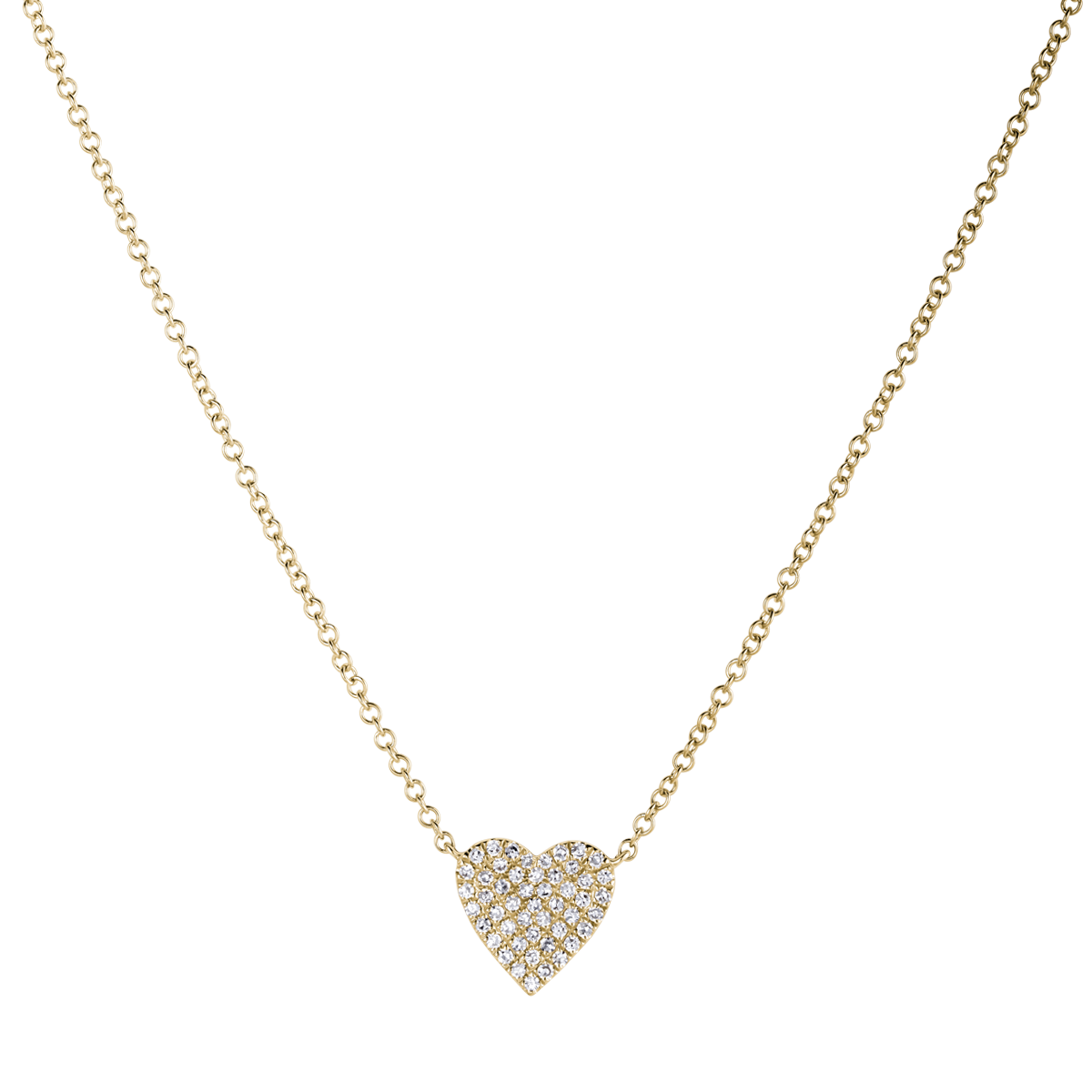 A dainty yellow gold necklace with a diamond heart in the centre.