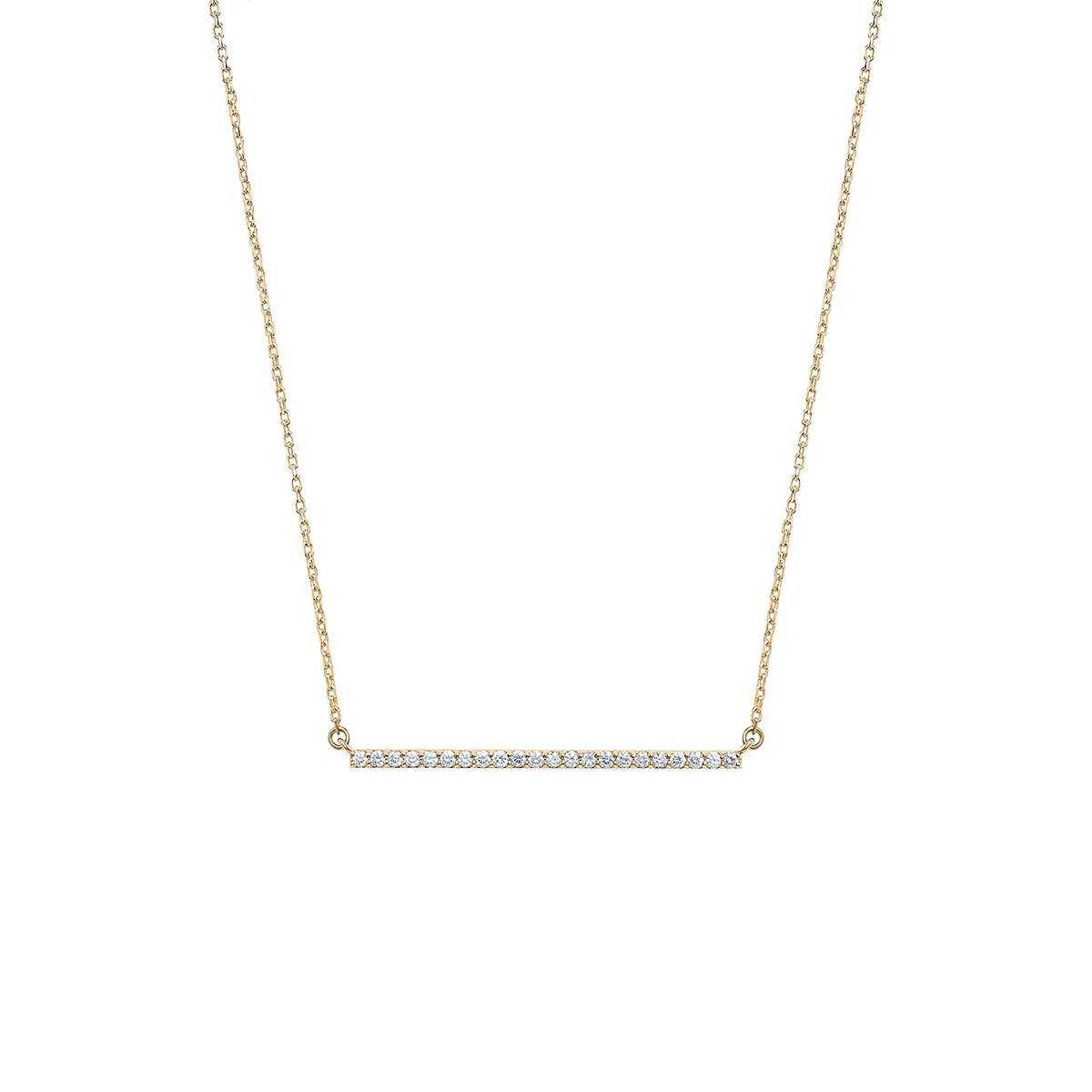 Sleek necklace in 14K yellow gold, featuring round brilliant diamonds totaling approximately 0.22ct in a frameless light pavé setting, with a geometric bar design on a 16-18" adjustable chain, embodying a blend of delicacy and strength.