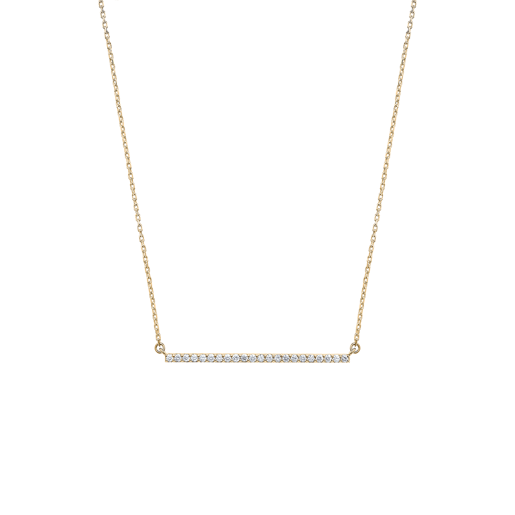 Sleek necklace in 14K yellow gold, featuring round brilliant diamonds totaling approximately 0.22ct in a frameless light pavé setting, with a geometric bar design on a 16-18