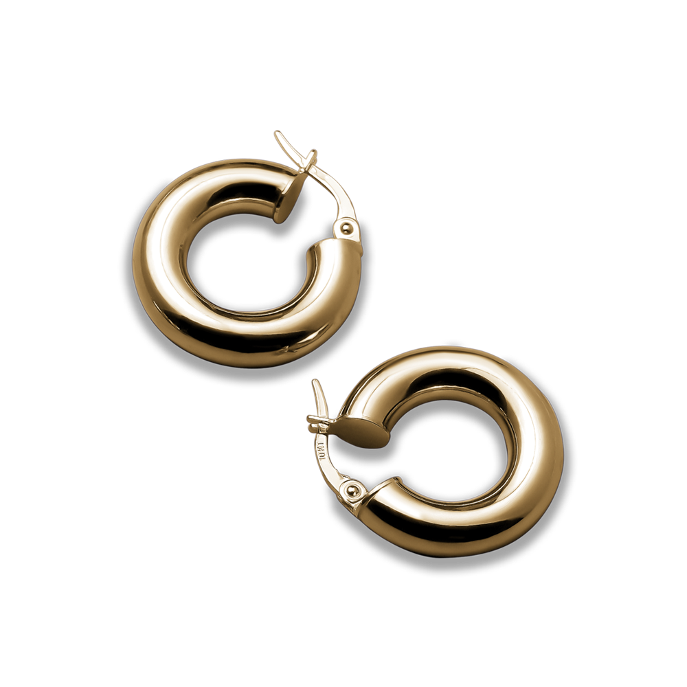 Timeless 10K yellow gold hoop earrings, 20mm in diameter with a 5mm tube width, combining elegance and sophistication, perfect for enhancing any outfit and adding a touch of everyday luxury.