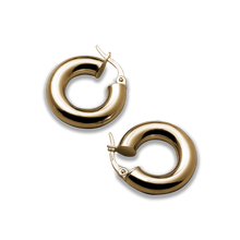 Load image into Gallery viewer, Timeless 10K yellow gold hoop earrings, 20mm in diameter with a 5mm tube width, combining elegance and sophistication, perfect for enhancing any outfit and adding a touch of everyday luxury.

