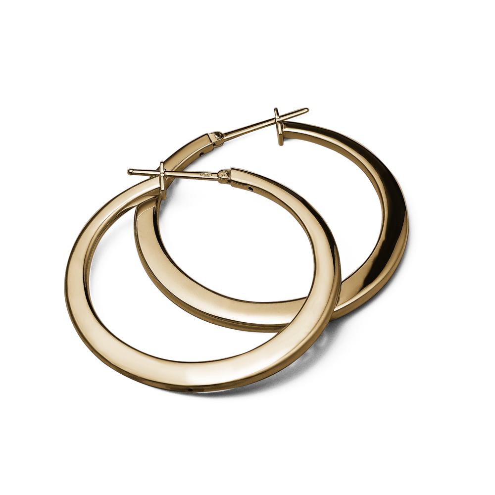 Elegant 18K yellow gold tapering hoop earrings, featuring a unique rounded to flattish silhouette with a 38mm diameter, combining timeless style with a contemporary design.