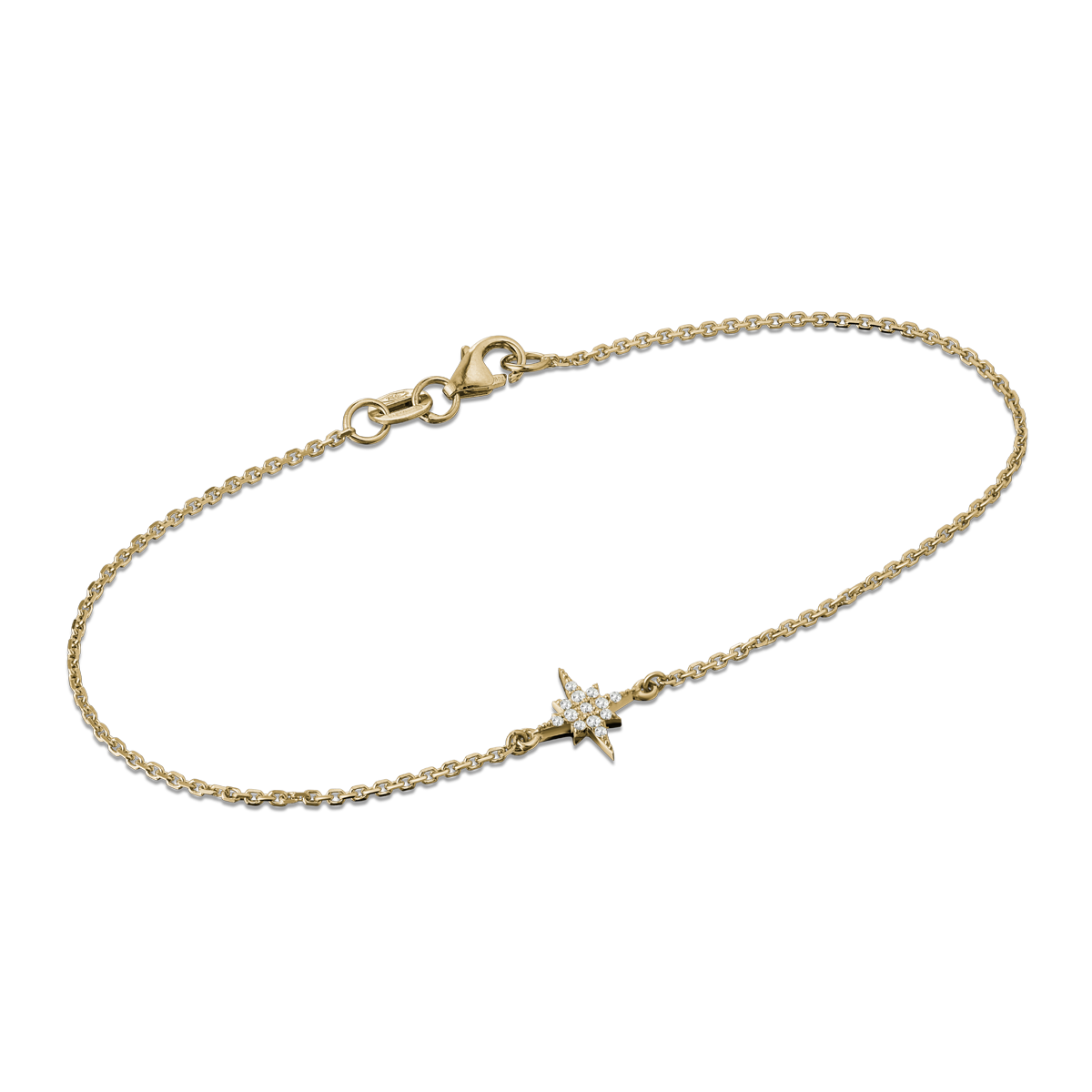 Elegant bracelet in 18K yellow gold, featuring a 7x7mm star-shaped motif with pavé-set diamonds totaling 0.06tcw, on a 6.75" chain with a lobster clasp, symbolizing dawn's grace.