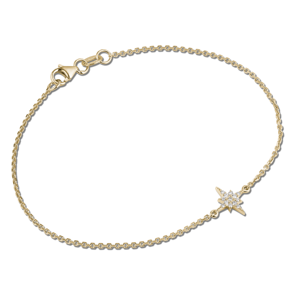 Elegant bracelet in 18K yellow gold, featuring a 7x7mm star-shaped motif with pavé-set diamonds totaling 0.06tcw, on a 6.75" chain with a lobster clasp, symbolizing dawn's grace.