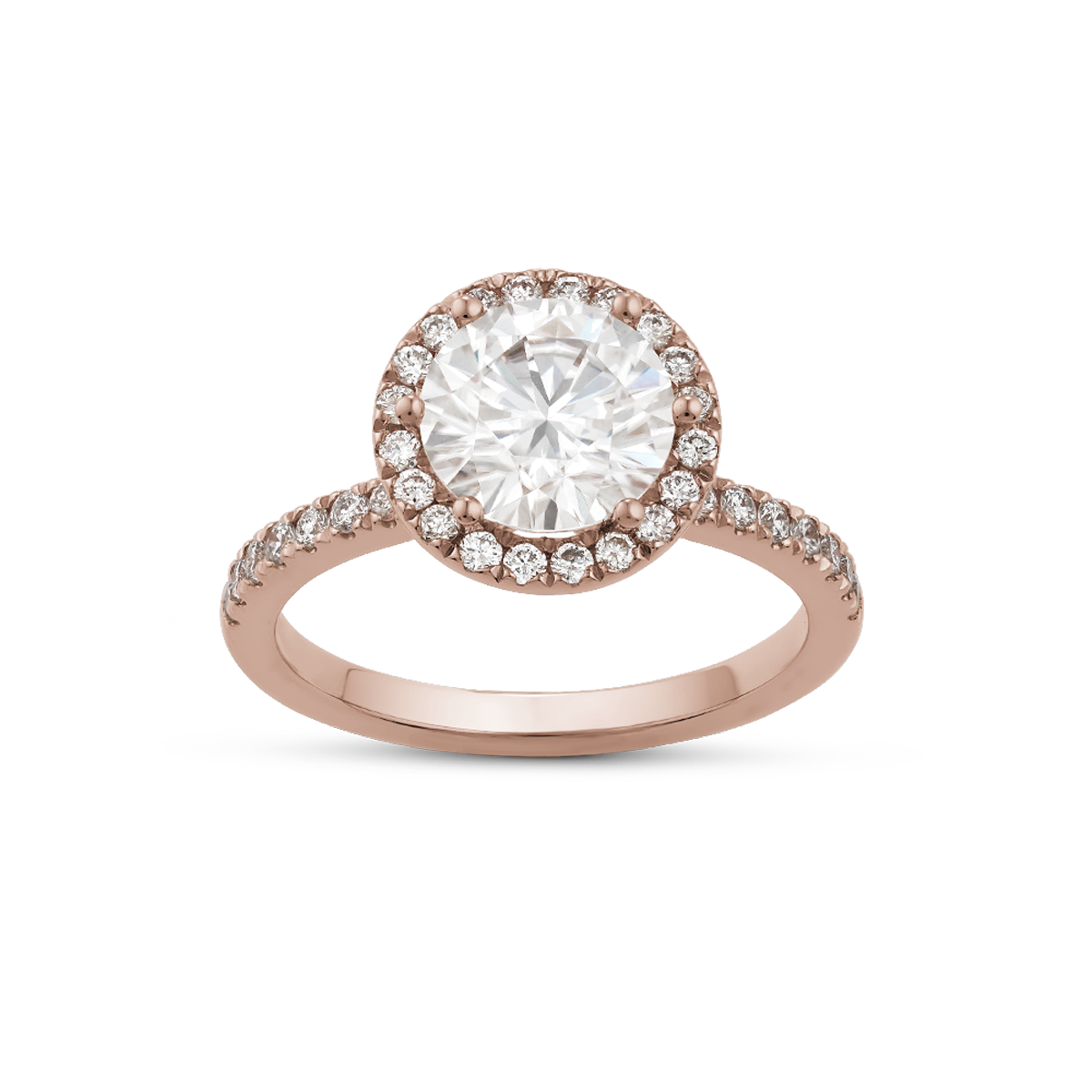 Luxurious engagement ring in 18K rose gold, weighing approximately 3.80gr, featuring a 1.5ct Moissanite center surrounded by a halo and 0.40tcw of 36 shimmering diamonds.