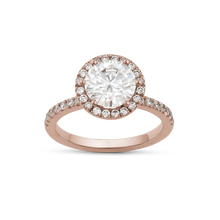 Charger l&#39;image dans la galerie, Luxurious engagement ring in 18K rose gold, weighing approximately 3.80gr, featuring a 1.5ct Moissanite center surrounded by a halo and 0.40tcw of 36 shimmering diamonds.
