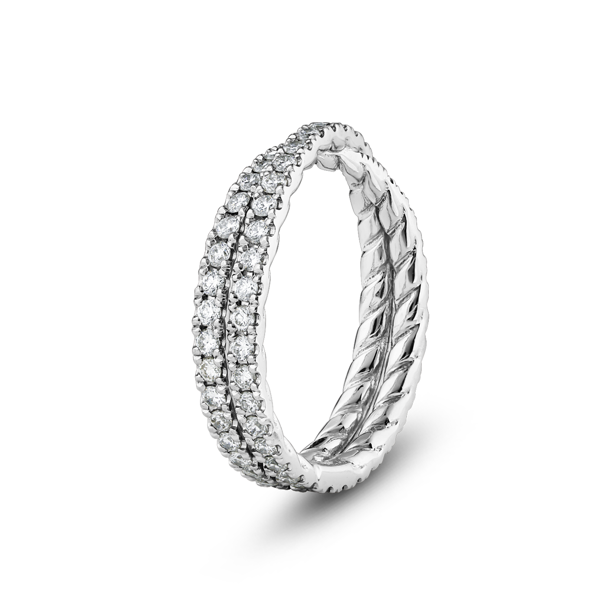 Unique band in platinum, weighing approximately 4.3gr, featuring an almost Mobius-twisting design with a crossover wrap adorned with 1.13tcw of round diamonds pavé set.