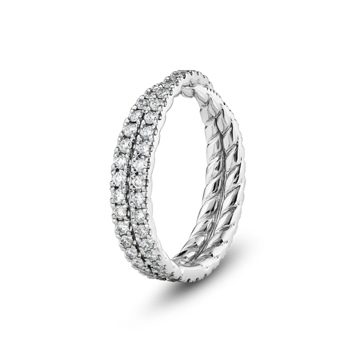 Unique band in platinum, weighing approximately 4.3gr, featuring an almost Mobius-twisting design with a crossover wrap adorned with 1.13tcw of round diamonds pavé set.