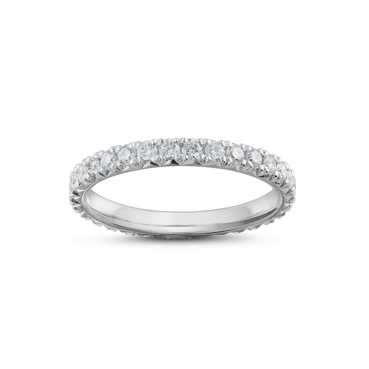 Exquisite ring in 18K white gold, weighing 1.90gr, featuring shimmering diamonds totaling approximately 0.62tcw set around the band with fancy nail set double beads and icicle cuts on the sides, offering a cool geometric flair and a polished interior.