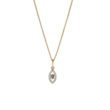 Load image into Gallery viewer, Elegant 14K yellow gold evil eye pendant featuring a 0.06ct round sapphire center, surrounded by 0.14tcw diamonds (19 in total), presented on an 18-inch 1.03mm cable chain with a lobster clasp, blending ancient symbolism with modern design.
