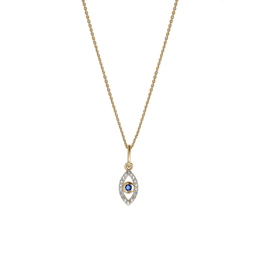 Elegant 14K yellow gold evil eye pendant featuring a 0.06ct round sapphire center, surrounded by 0.14tcw diamonds (19 in total), presented on an 18-inch 1.03mm cable chain with a lobster clasp, blending ancient symbolism with modern design.