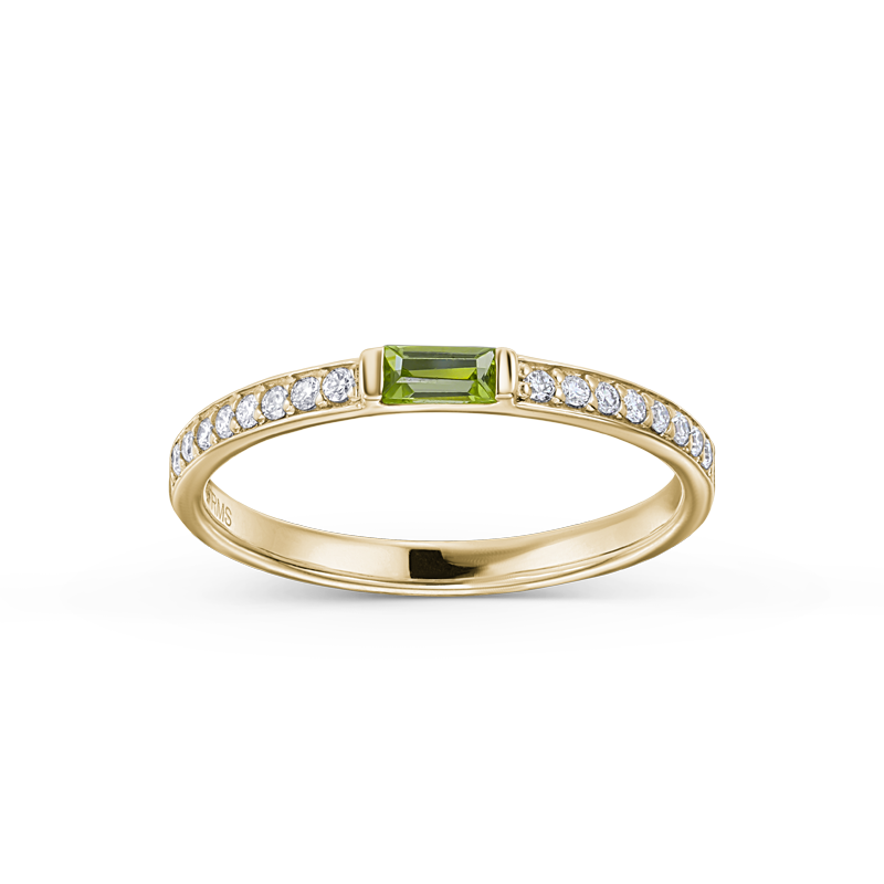 Elegant 14K yellow gold ring with a dynamic character, featuring a peridot baguette and 0.13ctw of diamonds in a combined pavé and bar setting.