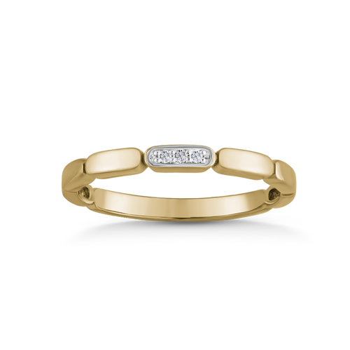 Elegant ring in 14K yellow gold, weighing approximately 1.8gr, featuring a distinctive design with elongated rounded rectangles and a three-diamond pavé center.
