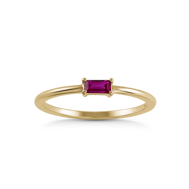 Elegant ring in 18K yellow gold, featuring a 0.15ct emerald-cut ruby in a prong setting, set on a slim 1.6mm band, perfect for creating unique stacking arrangements.