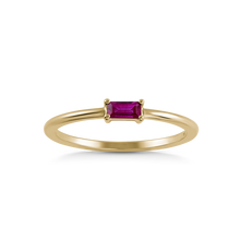 Load image into Gallery viewer, Elegant ring in 18K yellow gold, featuring a 0.15ct emerald-cut ruby in a prong setting, set on a slim 1.6mm band, perfect for creating unique stacking arrangements.

