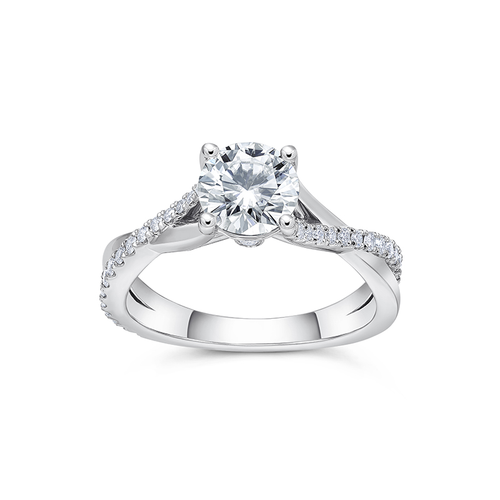 18K white gold ring featuring a 1ct round brilliant center diamond with 0.27tcw of smaller pavé set diamonds in an asymmetrical, sweeping design, symbolizing a serene and continuous motion.