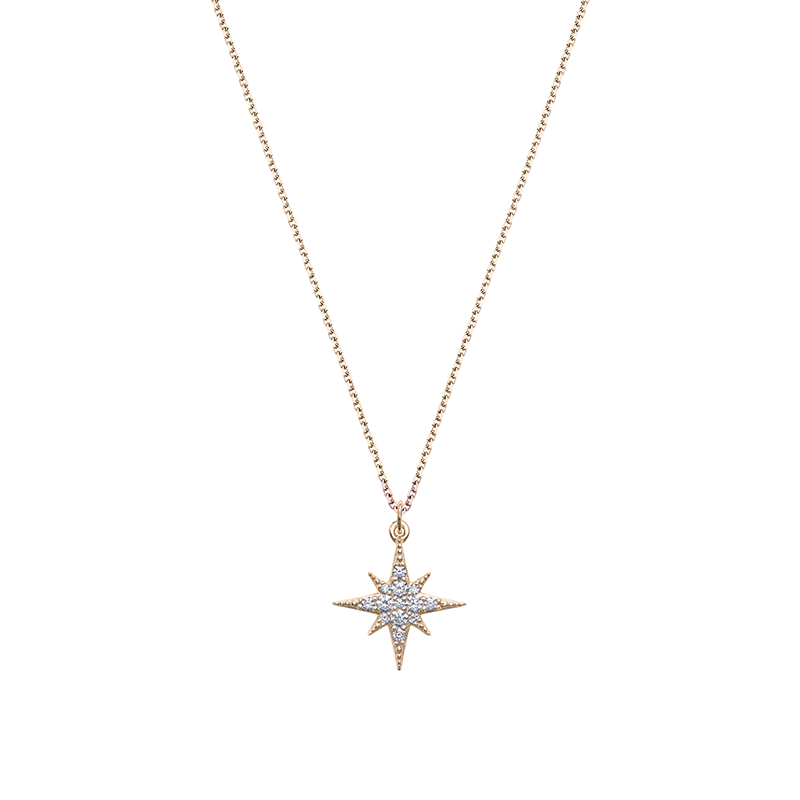 This 14K yellow gold pendant, handcrafted by Ex Aurum in Montreal, features a spiked shape adorned with 13 diamonds, totaling 0.18ct. It hangs on an 18" fine chain with a lobster clasp, measuring 14mm in length, and offers a choice between yellow or rose gold.