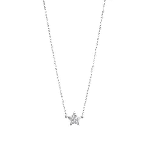 Elegant necklace in 14K white gold, featuring twinkling pave diamonds, symbolizing fame, celebration, and achievement, on a 16-18