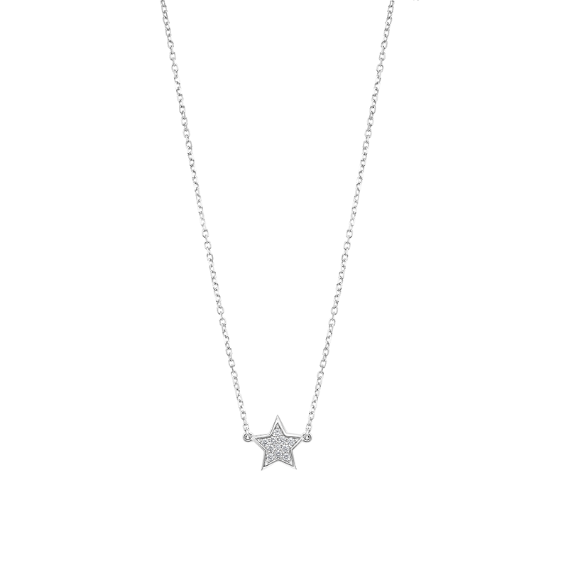 Elegant necklace in 14K white gold, featuring twinkling pave diamonds, symbolizing fame, celebration, and achievement, on a 16-18