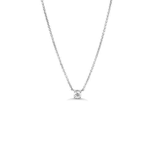 Elegant necklace featuring a 0.33ct round brilliant diamond set in 18K white gold, suspended between two delicate chains, offering a classic look with a touch of brilliance, handcrafted by Ex Aurum in Montreal.