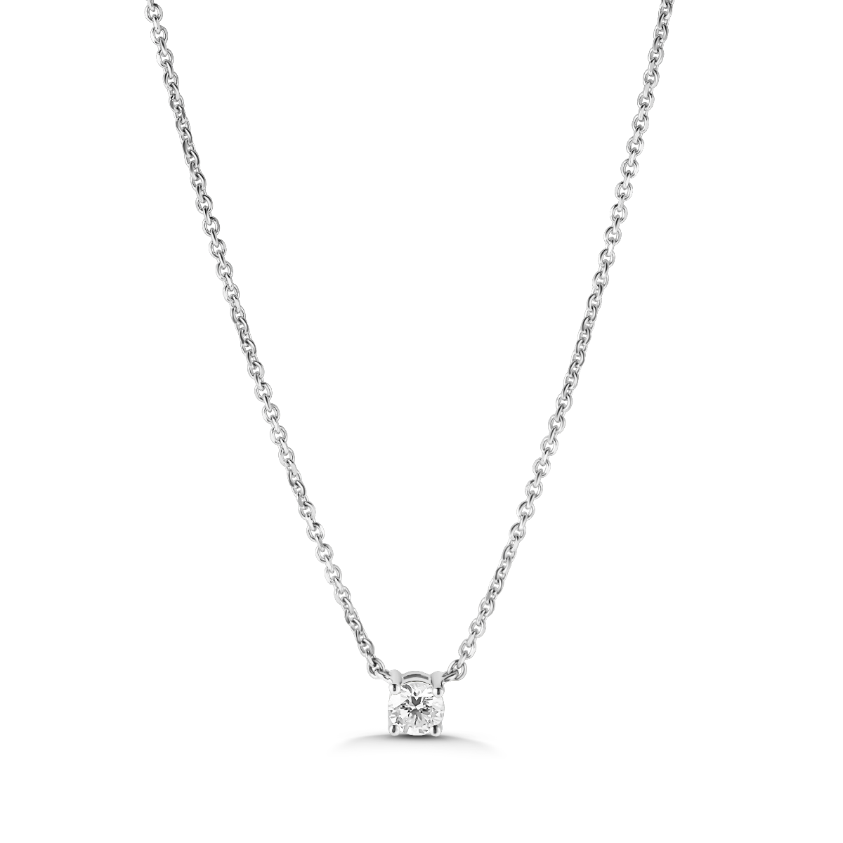 Elegant necklace featuring a 0.33ct round brilliant diamond set in 18K white gold, suspended between two delicate chains, offering a classic look with a touch of brilliance, handcrafted by Ex Aurum in Montreal.