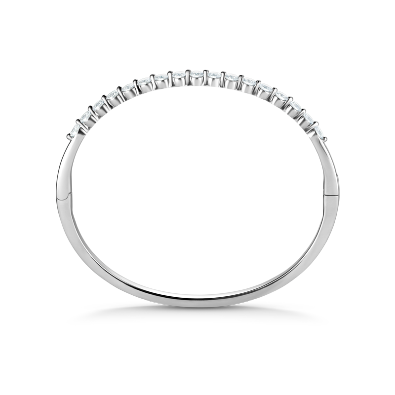 Elegant 18K white gold bangle featuring 17 round brilliant diamonds totaling approximately 1.19ctw, set in a shared prong technique for a contemporary and airy design, creating a dazzling effect.