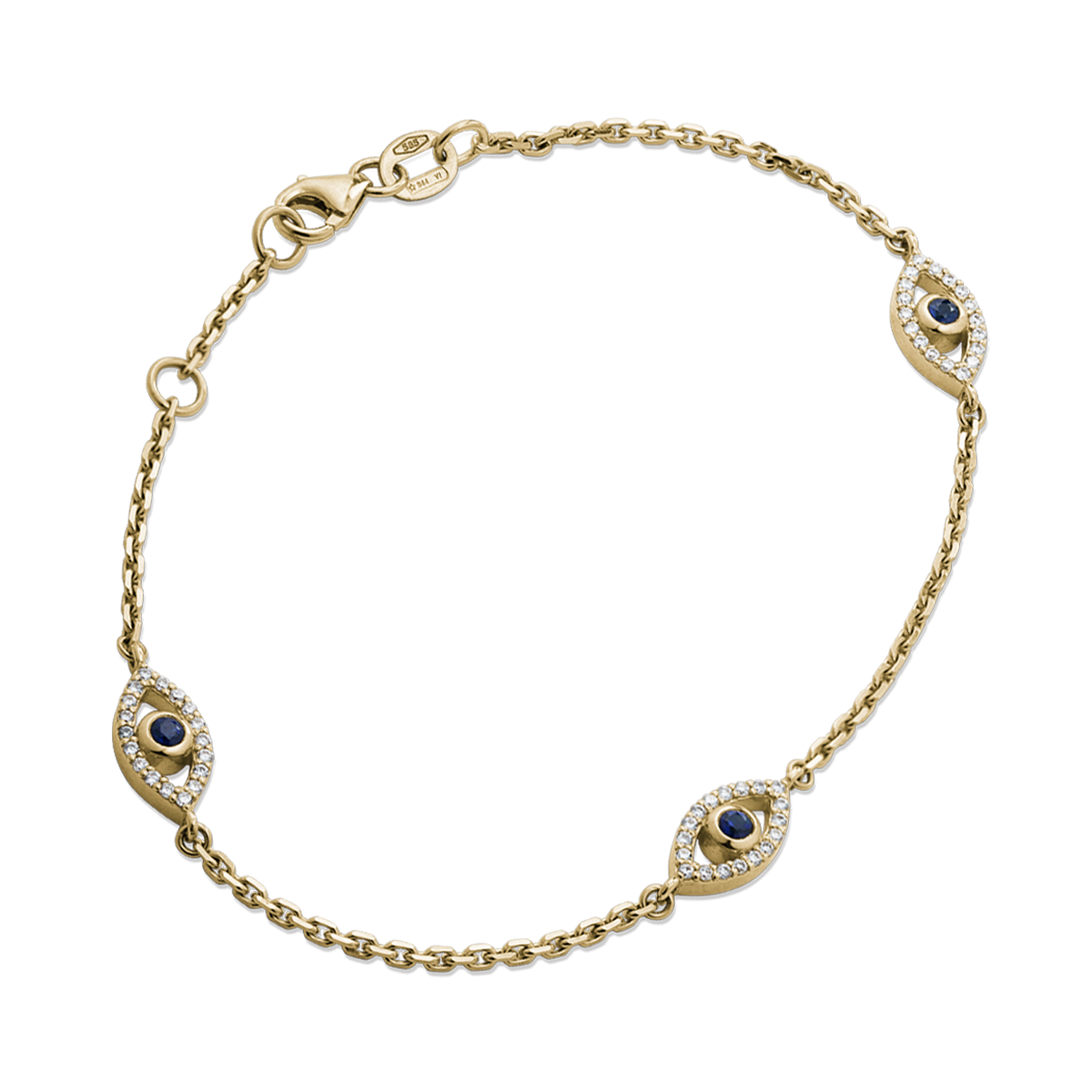 Intricate bracelet in 14K yellow gold, showcasing three evil eye motifs with 0.25tcw sapphires and 0.81tcw diamonds, on a 7" adjustable cable chain, embodying protection and good luck symbols.