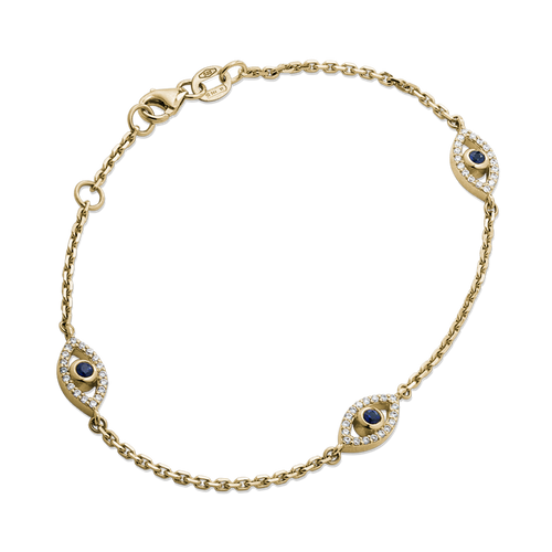 Intricate bracelet in 14K yellow gold, showcasing three evil eye motifs with 0.25tcw sapphires and 0.81tcw diamonds, on a 7
