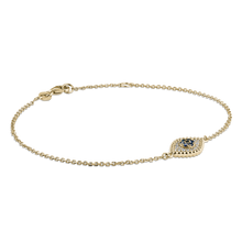 Charger l&#39;image dans la galerie, Stunning bracelet in 18K yellow gold, handcrafted by Ex Aurum in Montreal, combines the protective symbolism of the evil eye with the luxury of precious metals and gemstones. It features 0.10ct of sapphires and 0.11ctw of diamonds, with an adjustable length of 7 inches, and an option for personalized engraving on the polished reverse side.

