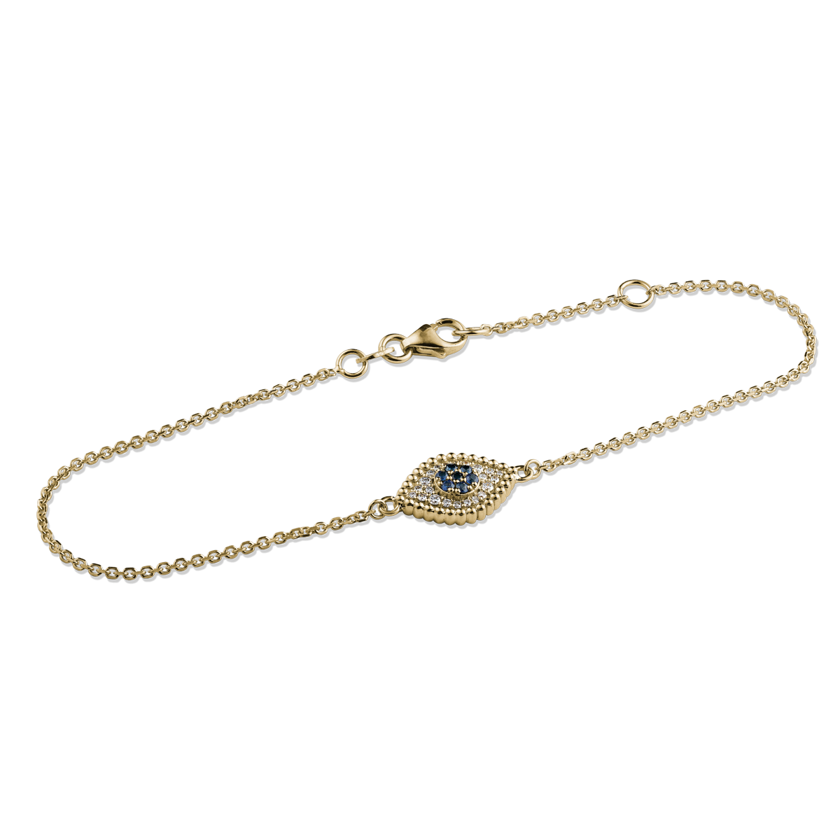 Stunning bracelet in 18K yellow gold, handcrafted by Ex Aurum in Montreal, combines the protective symbolism of the evil eye with the luxury of precious metals and gemstones. It features 0.10ct of sapphires and 0.11ctw of diamonds, with an adjustable length of 7 inches, and an option for personalized engraving on the polished reverse side.