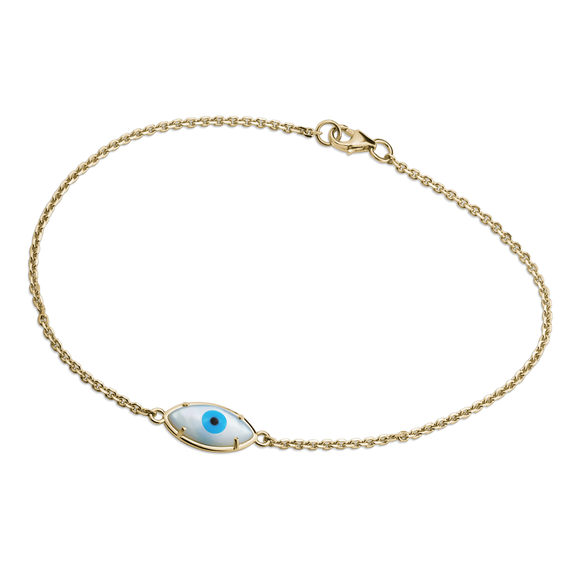 Unique 18K yellow gold bracelet featuring a double-sided evil eye design with mother of pearl, turquoise iris, and black agate pupil, measuring 7.75 inches, crafted by Ex Aurum in Montreal.