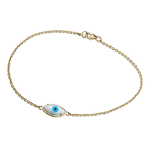 Charger l&#39;image dans la galerie, Unique 18K yellow gold bracelet featuring a double-sided evil eye design with mother of pearl, turquoise iris, and black agate pupil, measuring 7.75 inches, crafted by Ex Aurum in Montreal.
