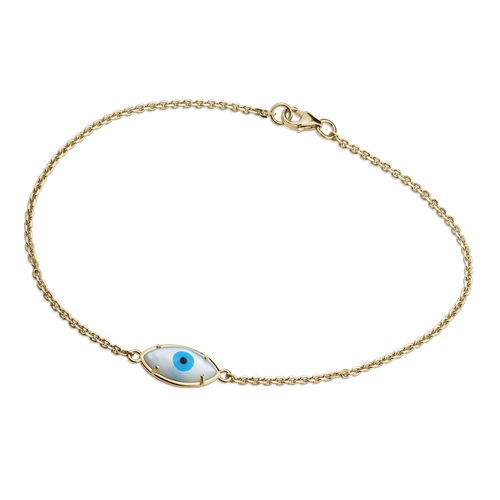 Unique 18K yellow gold bracelet featuring a double-sided evil eye design with mother of pearl, turquoise iris, and black agate pupil, measuring 7.75 inches, crafted by Ex Aurum in Montreal.