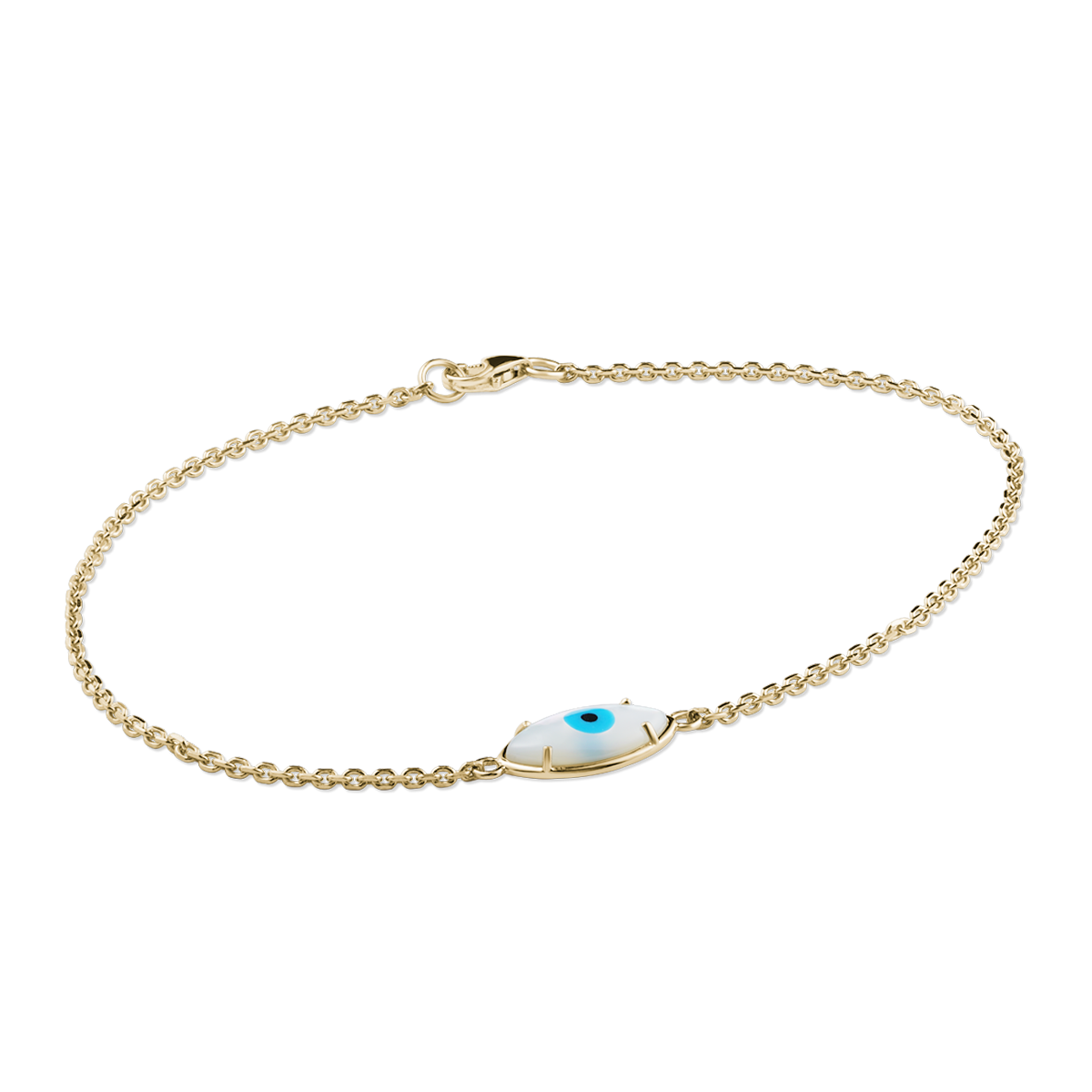 Unique 18K yellow gold bracelet featuring a double-sided evil eye design with mother of pearl, turquoise iris, and black agate pupil, measuring 7.75 inches, crafted by Ex Aurum in Montreal.