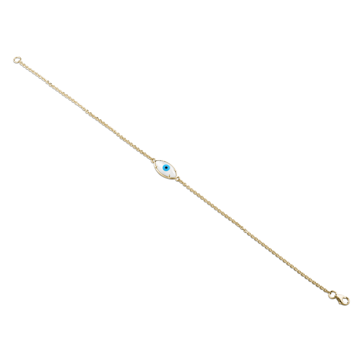 Unique 18K yellow gold bracelet featuring a double-sided evil eye design with mother of pearl, turquoise iris, and black agate pupil, measuring 7.75 inches, crafted by Ex Aurum in Montreal.