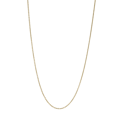 Delicate 18K yellow gold cable chain necklace, Italian-made, 1.3mm wide and 17 inches long, featuring a diamond-cut design for a subtle sparkle, ideal for pendants or solo wear.