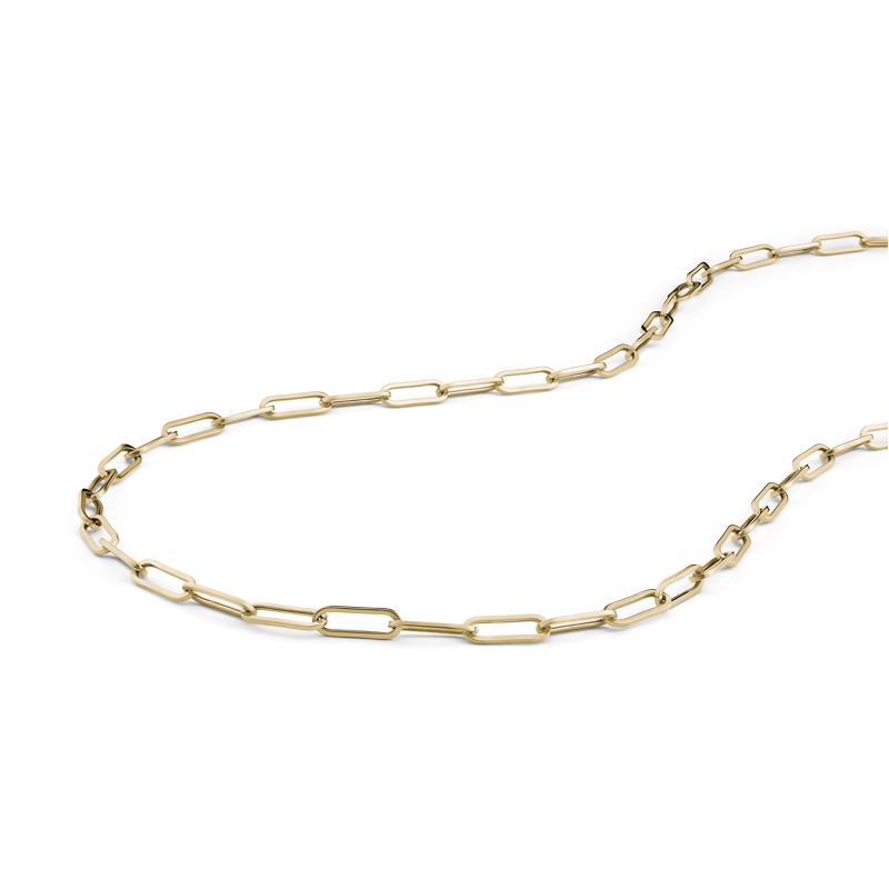 Elegant mid-length 20-inch 'Paperclip' style necklace in 14K yellow gold, featuring 3.3mm interconnecting links, Italian-made for superior quality, with a secure lobster clasp for easy handling.