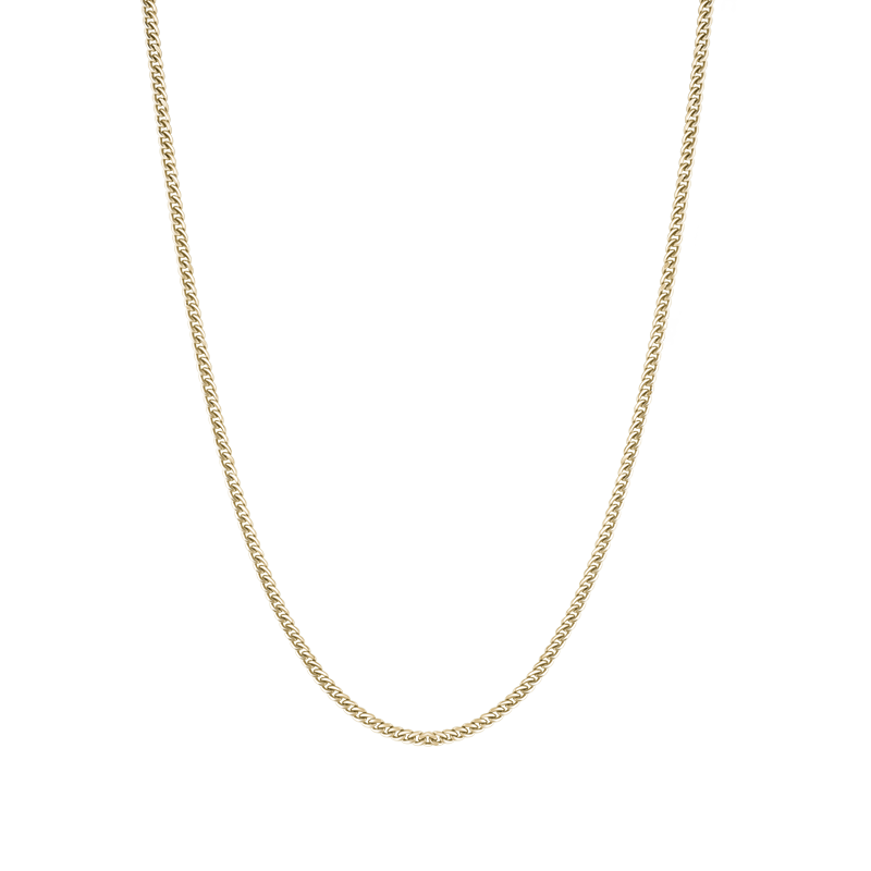 Elegant 22-inch pressed curb chain in 14K yellow gold, weighing approximately 12.26 grams, showcasing deluxe Italian craftsmanship with a width of 2.4mm for a substantial and well-proportioned look.