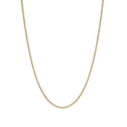 Elegant 22-inch pressed curb chain in 14K yellow gold, weighing approximately 12.26 grams, showcasing deluxe Italian craftsmanship with a width of 2.4mm for a substantial and well-proportioned look.