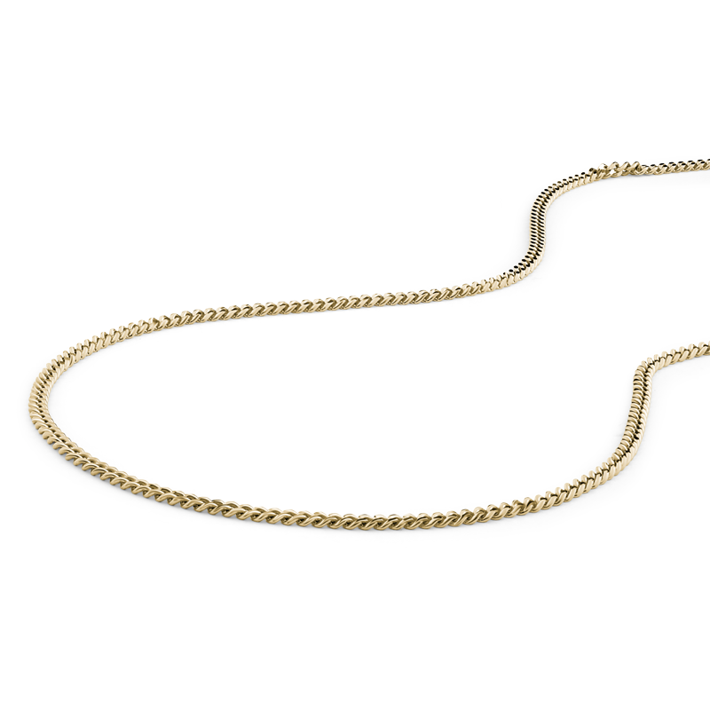 Elegant 22-inch pressed curb chain in 14K yellow gold, weighing approximately 12.26 grams, showcasing deluxe Italian craftsmanship with a width of 2.4mm for a substantial and well-proportioned look.