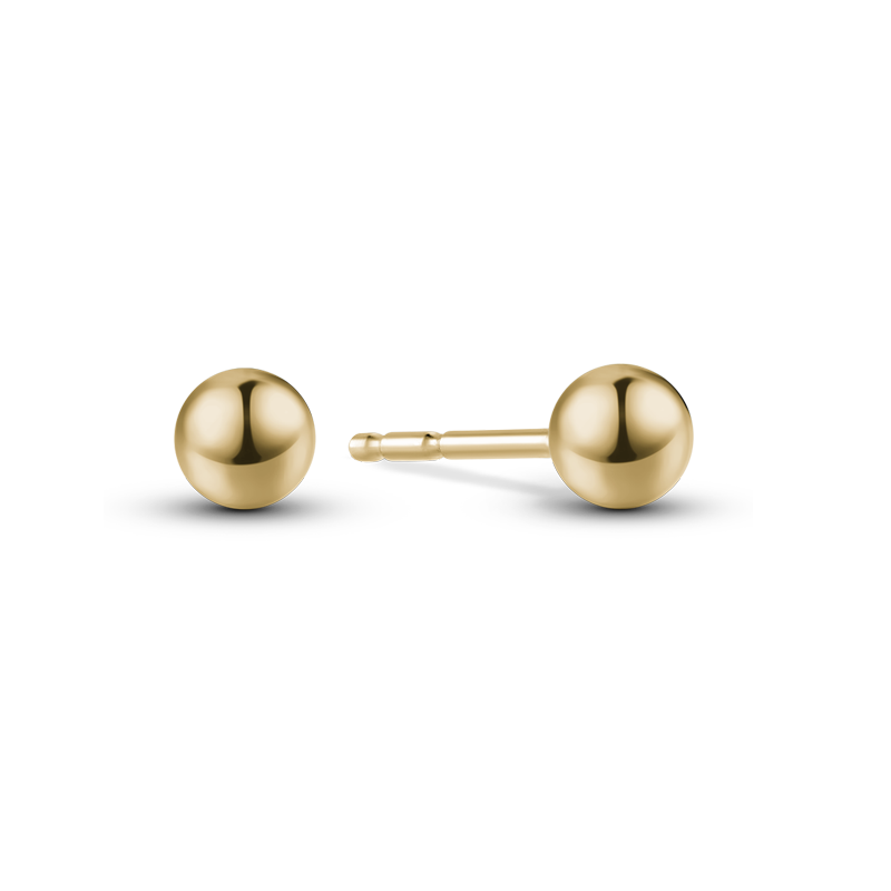 Classic 18K yellow gold Italian-made ball stud earrings, 6mm in size, featuring a sturdy 11mm post and secure deluxe butterfly backs for lasting wear.