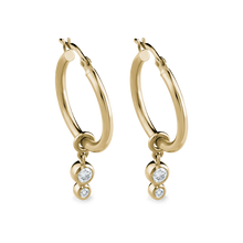 Load image into Gallery viewer, Elegant 18K yellow gold hoop earrings, 14mm in diameter, featuring detachable bezel-set diamond drops totaling 0.26ctw, offering versatile style options.
