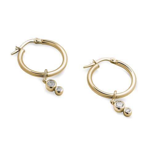 Elegant 18K yellow gold hoop earrings, 14mm in diameter, featuring detachable bezel-set diamond drops totaling 0.26ctw, offering versatile style options.