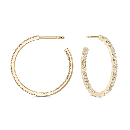 Stylish 22mm 18K yellow gold hoop earrings adorned with 1.10ctw diamonds in an inside-out pavé setting, featuring a post and butterfly back for easy wear, crafted by Ex Aurum in Montreal.