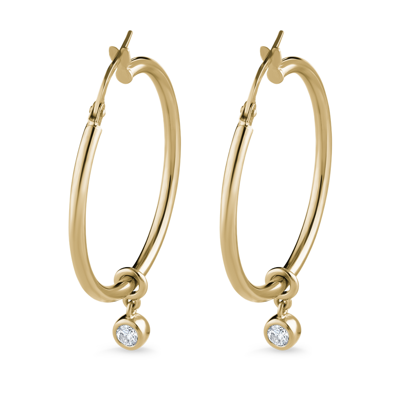 Versatile 14K yellow gold 19mm hoop earrings with detachable 0.10ct lab-diamond droplets, offering a transition from essential to elegant style, featuring bezel-set round brilliant lab diamonds totaling 0.20tcw.